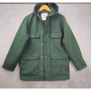Vtg JOHNSON WOOLEN MILLS Jacket Hunting Wool Green Buffalo Made USA Zip Hood
